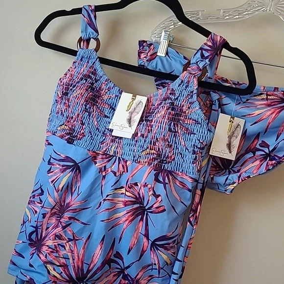 JESSICA SIMPSON Smocked Tankini Swim Top & Matching Bikini Bottom Botanical XL - Picture 2 of 16